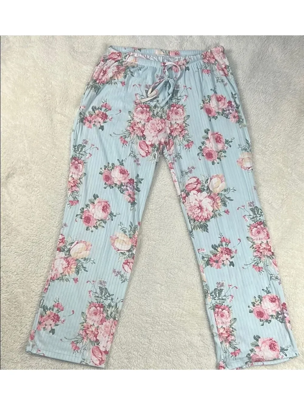 Flora Nikrooz Blue Floral Ribbed 2 Piece Pajama Set SZ Med Soft Lounge Sleepwear
